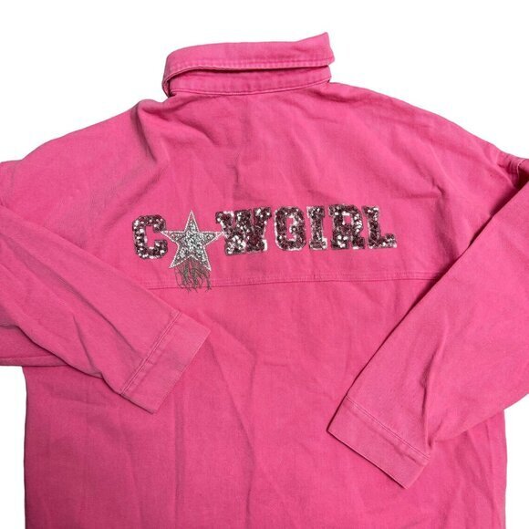 Fantastic Fawn Med Pink Denim Cowgirl Sequin Button Down‎ Raw Hem Barbie Jacket - Picture 8 of 12